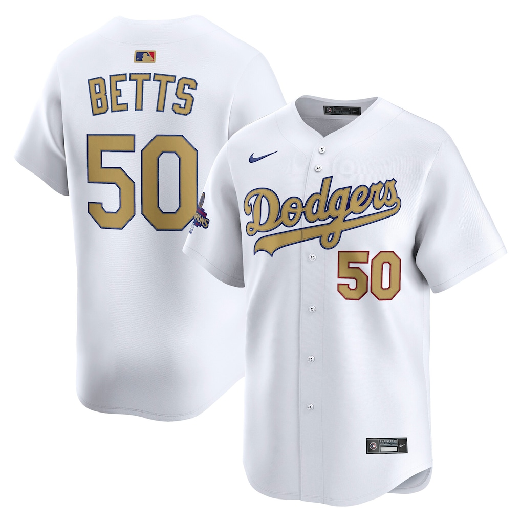 Men’s Mookie Betts White and Gold Stitched Jersey - Small up to 6XL