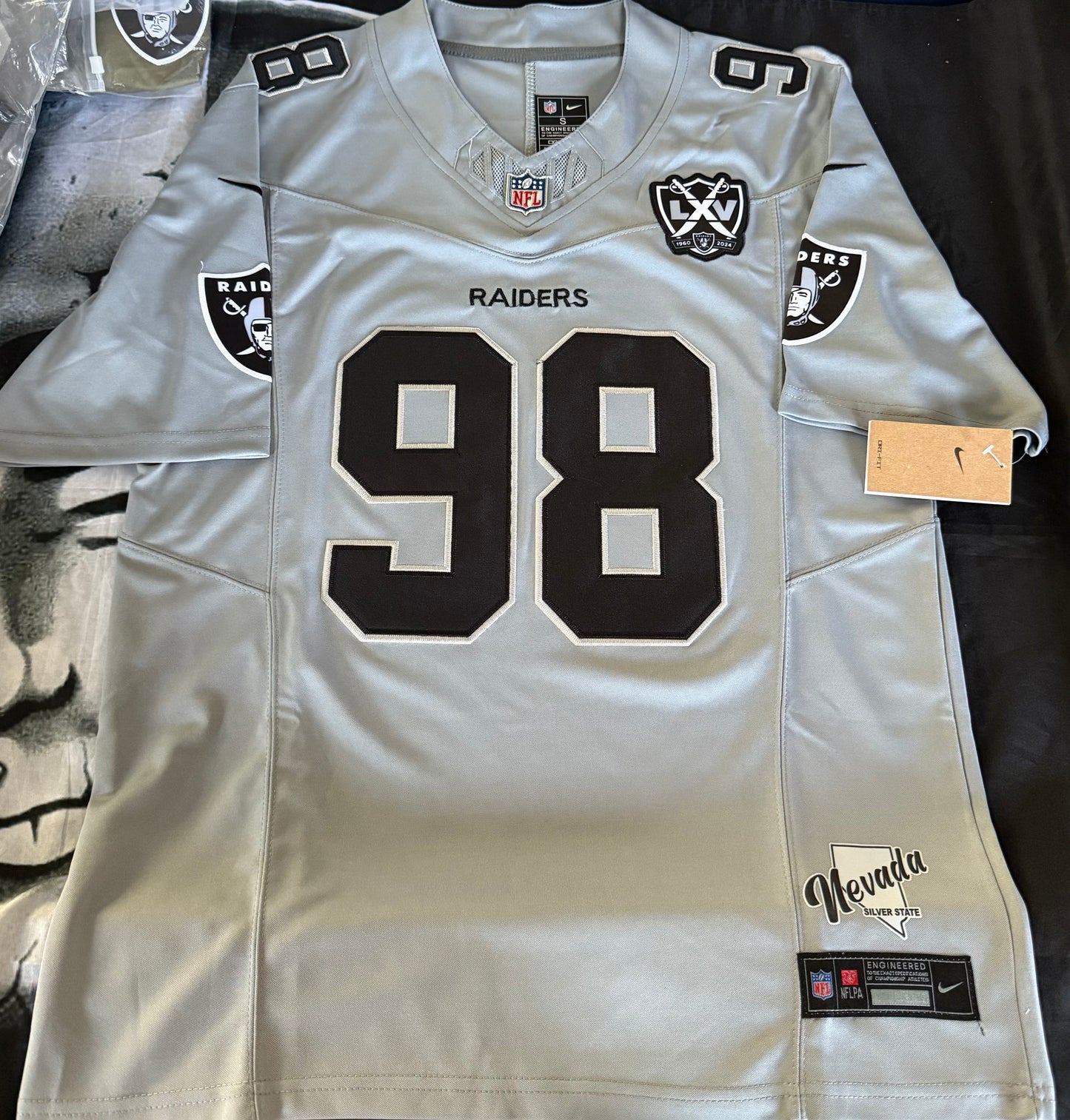 MEN’S GREY MAXX CROSBY LAS VEGAS RAIDERS STITCHED JERSEY SIZES S-6XL