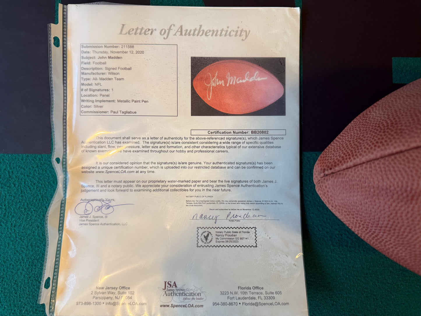 John Madden “All-Madden Team” Wilson Autographed & Authenticated Football JSA COA