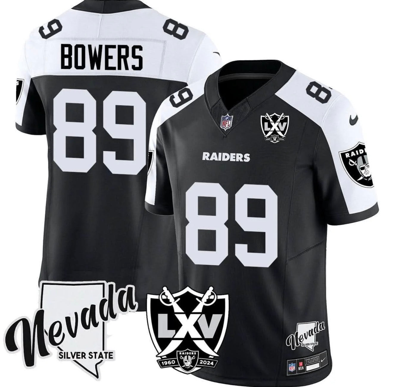 Men’s Brock Bowers Nevada Patch Black & White Stitched Jersey - Small up to 6XL