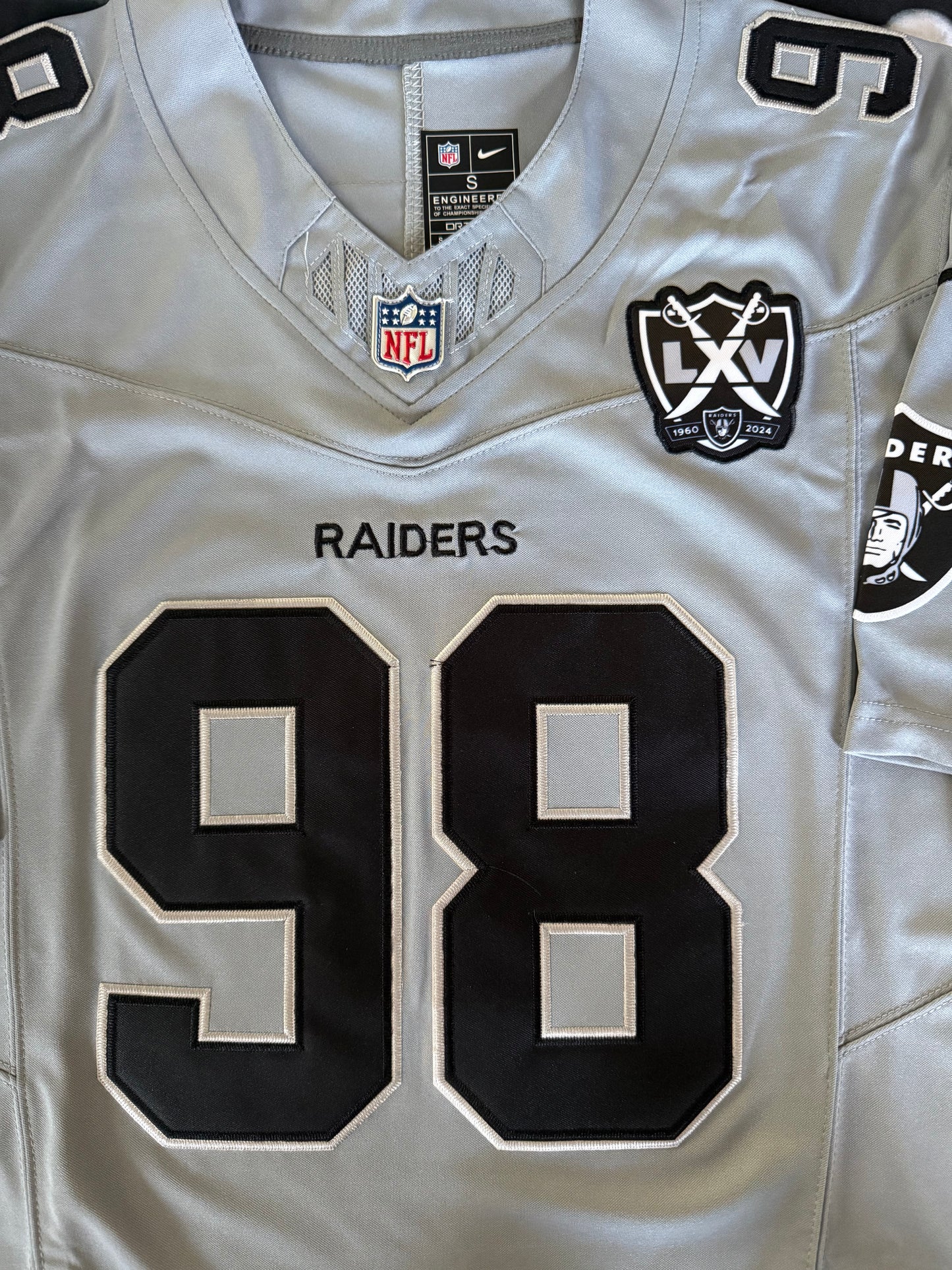 Men’s Maxx Crosby Nevada Patch Grey Stitched Jersey - Small up to 6XL