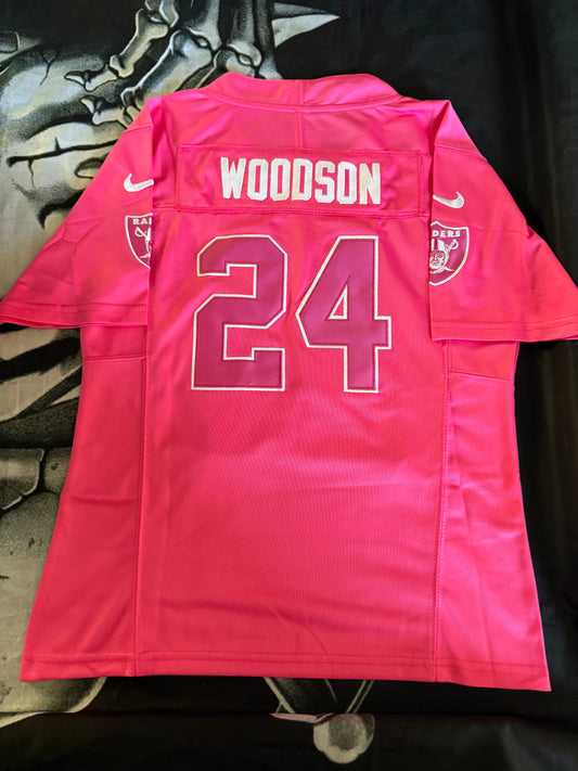 WOMEN’S CHARLES WOODSON PINK LAS VEGAS RAIDERS STITCHED JERSEY (SMALL-2XL)
