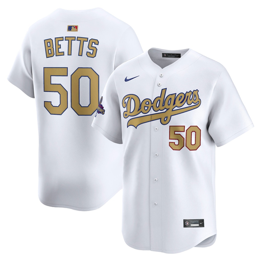 Men’s Mookie Betts White and Gold Stitched Jersey - Small up to 6XL