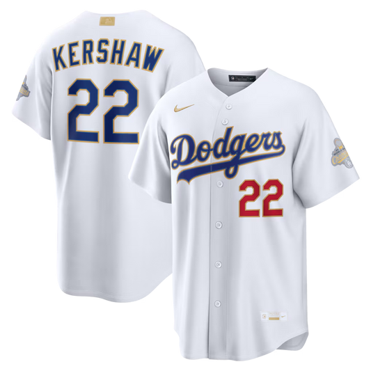 Men’s Clayton Keershaw  White and Gold Stitched Jersey - Small up to 6XL