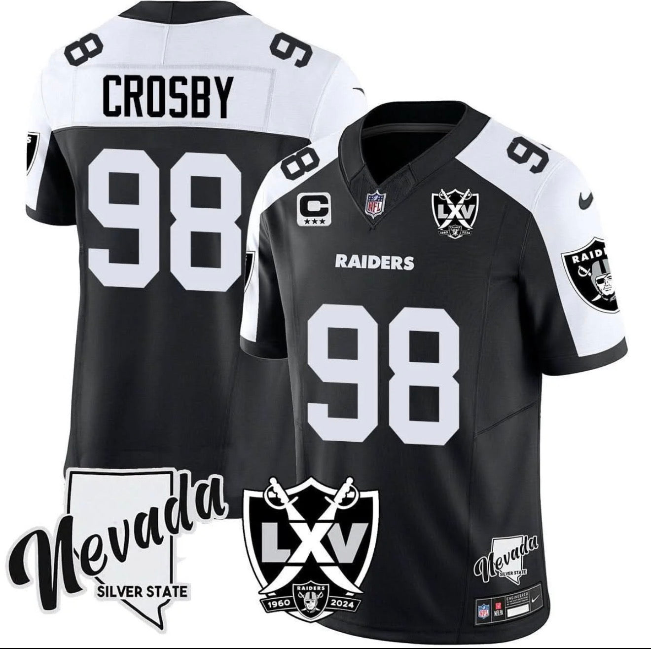 Men’s Maxx Crosby Nevada Patch Black & White Stitched Jersey - Small up to 6XL