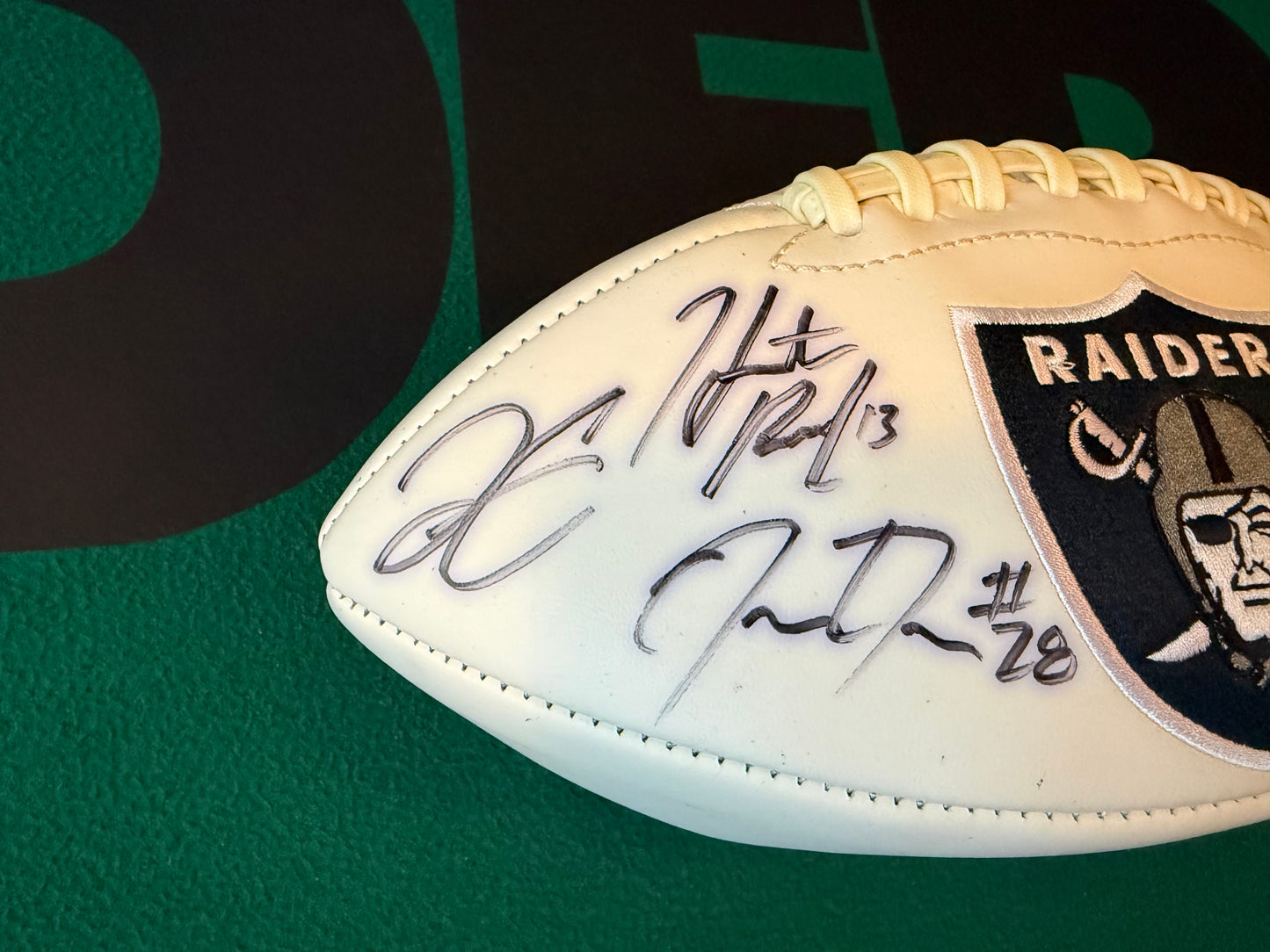 Multi-Signature Maxx Crosby, Jerez Carr, Josh Jacobs, Darren Waller, Hunter Renfrow Autographed Football No COA GTP (Guaranteed to Pass)