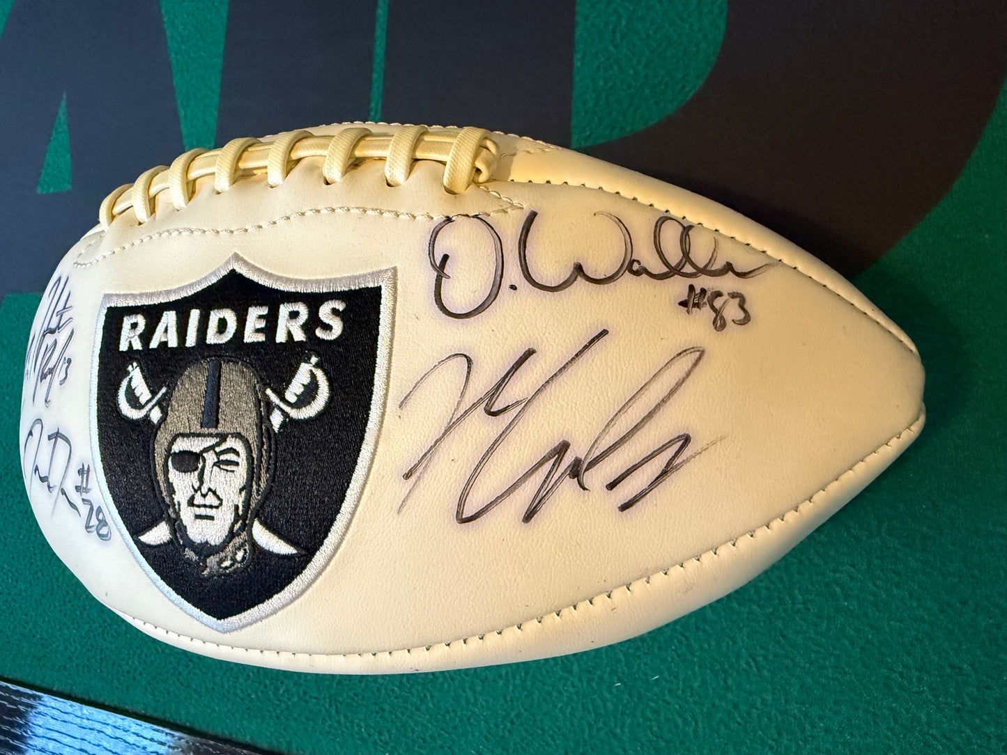 Multi-Signature Maxx Crosby, Jerez Carr, Josh Jacobs, Darren Waller, Hunter Renfrow Autographed Football No COA GTP (Guaranteed to Pass)