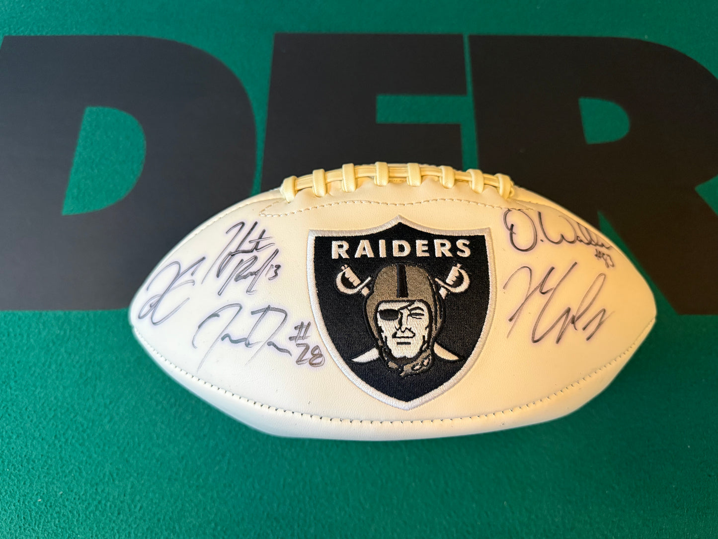 Multi-Signature Maxx Crosby, Jerez Carr, Josh Jacobs, Darren Waller, Hunter Renfrow Autographed Football No COA GTP (Guaranteed to Pass)